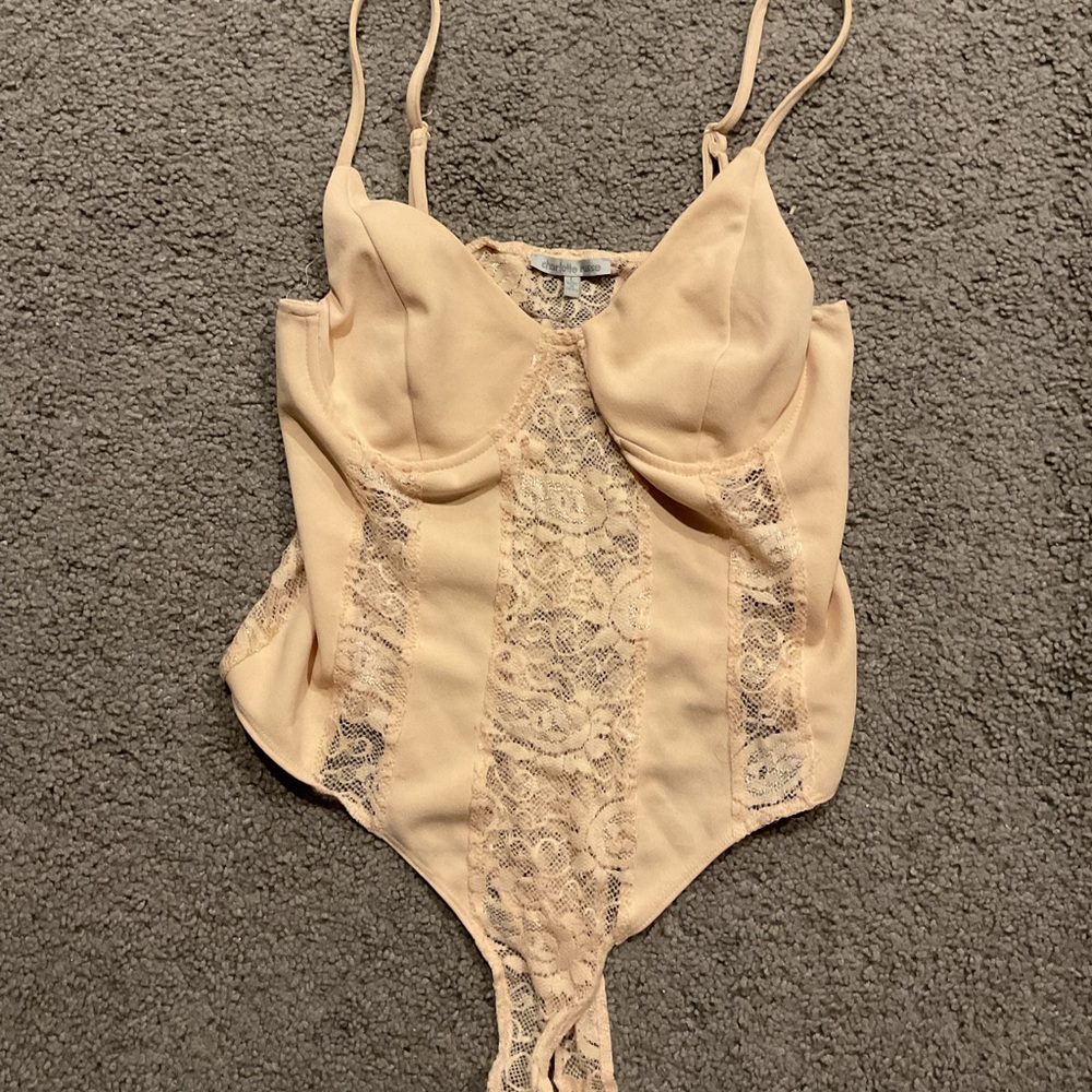 Charlotte Russe Lace Nude Corset Bodysuit Shirt Top Y2K sz Large